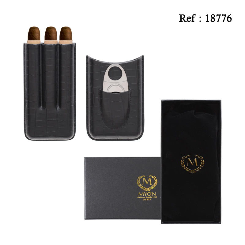 Etui Noir en cuir véritable Myon 3 cigares avec coupe-cigares - Jagsmoke